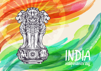 Lion capital of ashoka in indian flag color emblem of india watercolor texture backdrop.  Vector illustration created with custom brushes, not auto-tracing. - 166745097