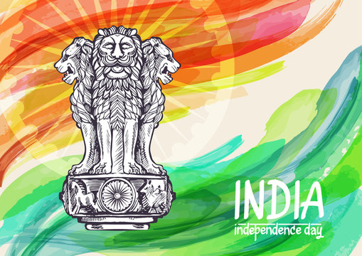 A Sign Of Indian Emblem On Colorful Grunge Showing Freedom With Wings And  India Gate On Black Background For Republic And Independence Day. Royalty  Free SVG, Cliparts, Vectors, and Stock Illustration. Image