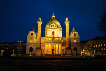 Illuminated St Charles Church at night, Vienna, Austria