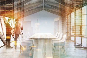 Attic meeting room, wooden ceiling and table, men