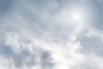 Vector sky background with realistic isolated clouds and bright sun light.