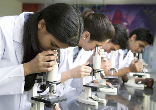 Students using microscopes in laboratory