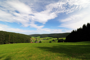 Fototapeta na wymiar Scenic countryside landscape in the Black Forest: green summer mountain valley with forests, fields and old houses in Germany