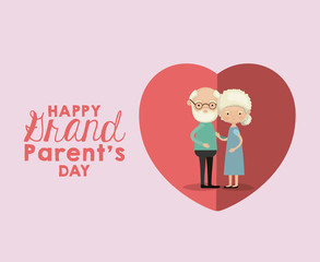 color background and heart shape pink greeting card with caricature full body elderly couple happy grandparents day text outside