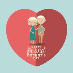 light blue color background of heart shape pink greeting card with caricature full body elderly couple embraced happy grandparents day