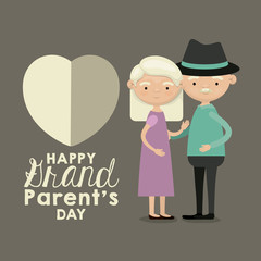 monochrome background with caricature full body elderly couple embraced with heart and text happy grandparents day