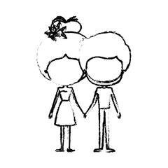 blurred silhouette of caricature faceless thin couple of bearded man and woman in dress holding hands