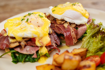 Hamburger , burger with grilled beef, egg, cheese, bacon and vegetables
