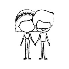 blurred silhouette of caricature faceless thin couple of bearded man and woman with straight short braided hairstyle holding hands