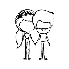 blurred silhouette of caricature faceless thin couple in clothes of bearded man and woman with side ponytail braided hairstyle holding hands