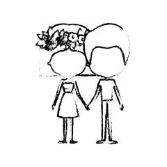 blurred silhouette of caricature faceless thin couple of man and woman in dress with flower crown in hair and holding hands