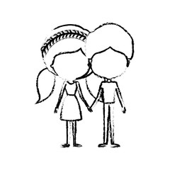 blurred silhouette of caricature faceless thin couple in clothes of young man and woman with double pigtails braided hairstyle holding hands