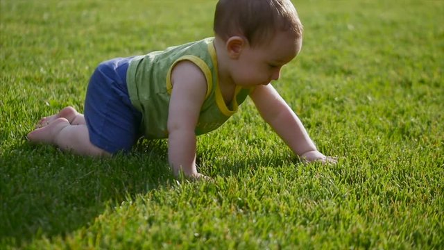 Baby slowly crawling on meadow from. The little baby world. Slow motion. 4k.