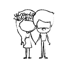 blurred silhouette of caricature faceless thin couple of bearded man and woman in dress with flower crown in hair and holding hands