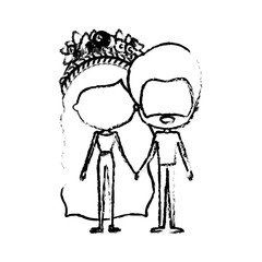 blurred silhouette of caricature faceless thin couple of bearded man and woman wavy long hairstyle with flower crown and holding hands
