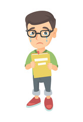 Caucasian upset little boy shedding tears and showing book. Sad boy crying and holding book in hands. Vector sketch cartoon illustration isolated on white background.