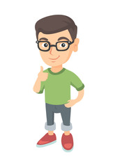 Caucasian little boy giving thumb up. Full length of smiling boy in glasses with thumb up. Cheerful boy showing thumb up. Vector sketch cartoon illustration isolated on white background.