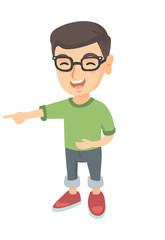 Caucasian boy in glasses bullying someone and pointing finger. Little laughing boy mocking and pointing his forefinger at something. Vector sketch cartoon illustration isolated on white background.