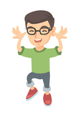 Funny caucasian boy in glasses making a grimace and playing with his hands. Happy little boy teasing with hands. Vector sketch cartoon illustration isolated on white background.