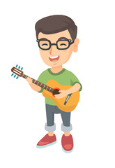 Caucasian cheerful boy in glasses singing and playing the acoustic guitar. Full length of happy boy with a guitar. Vector sketch cartoon illustration isolated on white background.