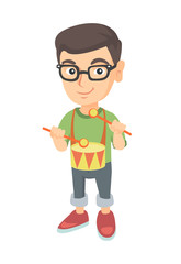 Cheerful caucasian boy in glasses playing the drum. Full length of joyful boy playing the drum with drumsticks. Vector sketch cartoon illustration isolated on white background.