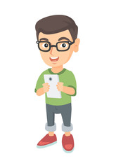 Caucasian boy using a smartphone. Little boy with smartphone. Boy addicted to his smartphone. Smiling boy playing game on mobile phone. Vector sketch cartoon illustration isolated on white background.