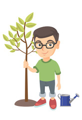 Caucasian smiling boy in glasses planting a tree. Eco-friendly boy standing near newly planted tree and watering can. Vector sketch cartoon illustration isolated on white background.