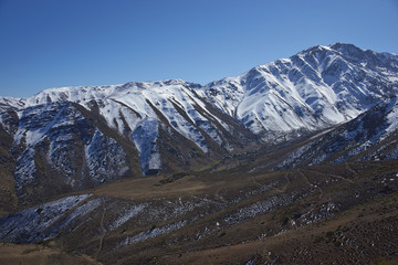 Mountainous landscape of Parque Yerba Loca set in a glacial valley close to Santiago, capital of Chile.