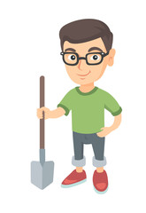 Caucasian smiling boy in glasses holding a shovel. Full length of little boy farmer in jeans standing with a shovel. Vector sketch cartoon illustration isolated on white background.