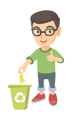 Caucasian boy throwing banana peel in recycling bin. Boy putting banana peel in trash bin with recycling sign and giving thumb up. Vector sketch cartoon illustration isolated on white background.