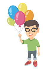 Caucasian smiling happy boy with the bunch of colorful air balloons in his hand. Cheerful boy holding the bunch of balloons. Vector sketch cartoon illustration isolated on white background.