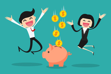 business people keep their savings in the piggy bank/ success business vector illustration concept