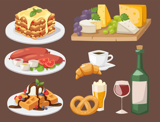 European tasty food cuisine dinner food showing delicious elements flat vector illustration.