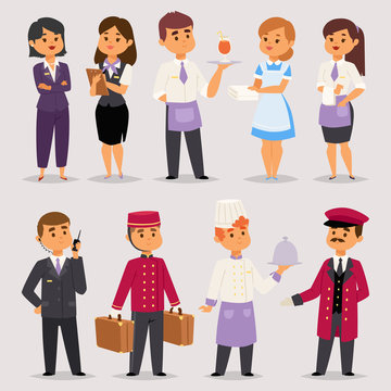 Hotel professions people workers receptionist standing at hotel counter characters in uniform vector illustration.