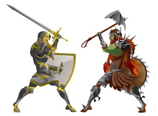 fantasy knight with sword fighting a green orc troll monster - obrazy, fototapety, plakaty