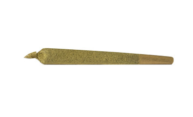 Premium marijuana joint isolated on white background (crushed leaf rolled and dipped in honey oil then rolled in kief resulting in a potent cone shaped joint) - obrazy, fototapety, plakaty