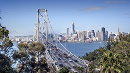 Bay Bridge and San Francisco downtown at morning. View from treasure island