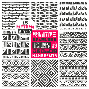 Set of 8 primitive geometric patterns collection. Includes 15 pattern brushes for Illustrator. Tribal seamless backgrounds with grunge texture. Modern trendy prints. Vector illustration. EPS10.