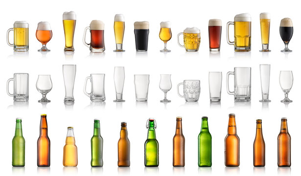 Set of different beer bottles and glasses isolated on white background