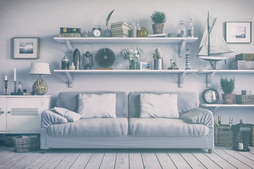 Skandinavisches, nordisches Wohnzimmer mit einem Sofa, Regalen und Deko