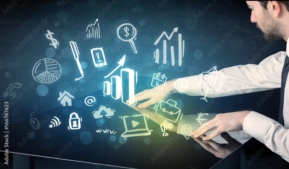 Poster Man touching technology smart table with business icons