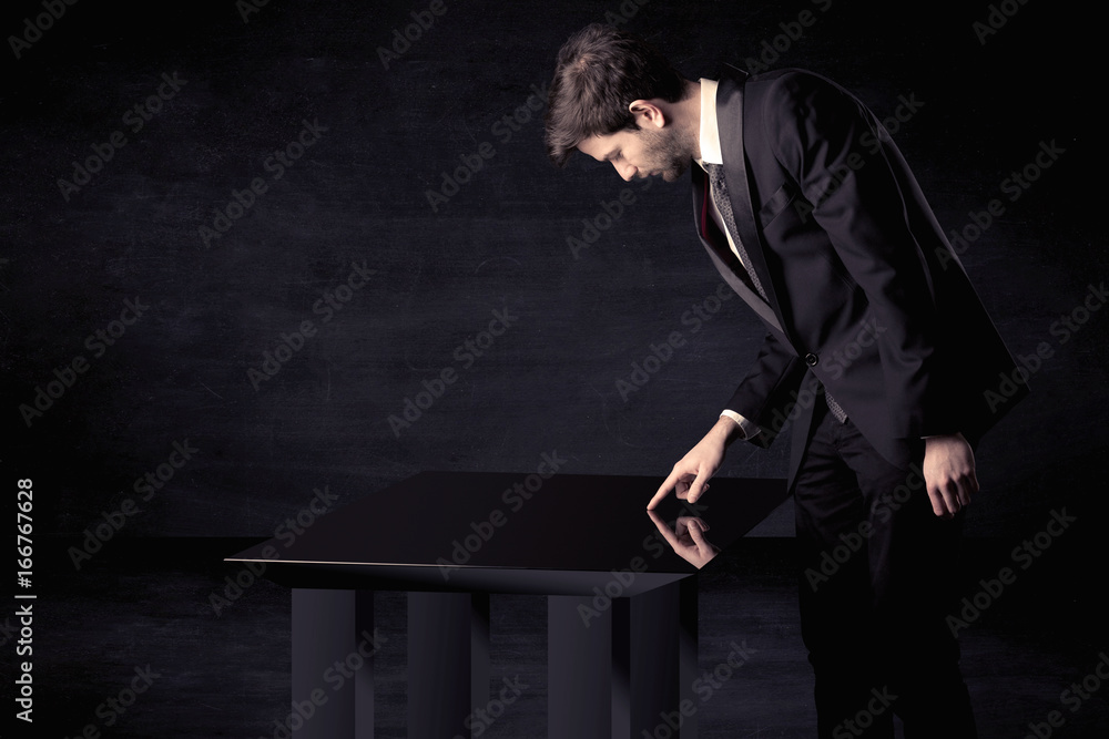 Poster Close up of a hand touching smart table with copy space