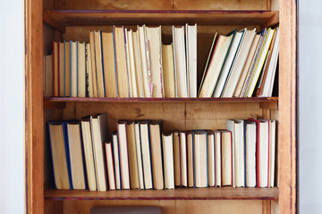 Antique Wooden Case Shelves Full Ancient Books Wall