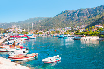 Fototapeta na wymiar Leisure and fishing boats in the harbor of Kas - Resort town, Kas Antalya