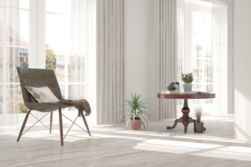 Idea of white minimalist room with armchair. Scandinavian interior design. 3D illustration