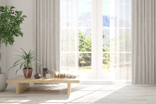 White empty room with table and  summer landscape in window. Scandinavian interior design. 3D illustration