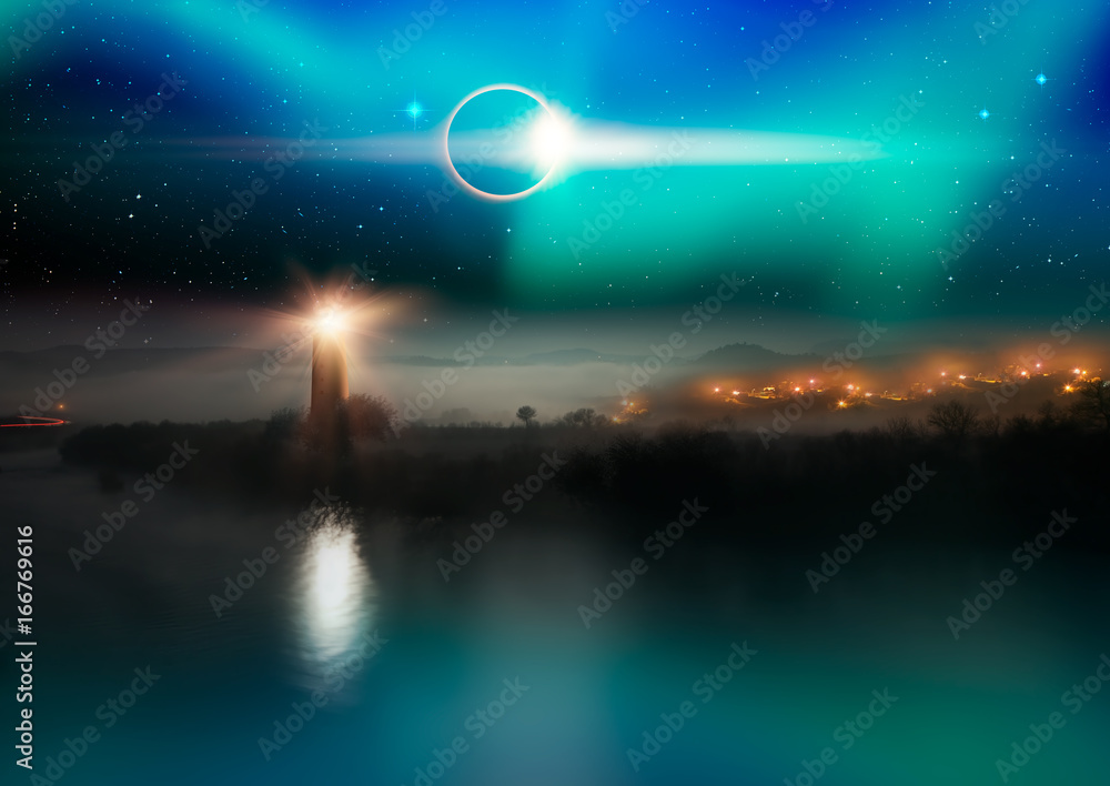 Poster Solar Eclipse with lighthouse 