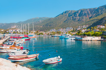 Fototapeta na wymiar Leisure and fishing boats in the harbor of Kas - Resort town, Kas Antalya