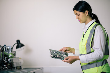 woman engineer checking a circuit board.