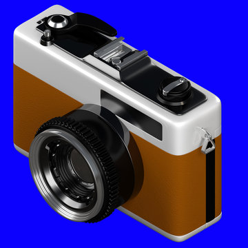 3d rendering of isometric old retro vintage camera isolated on a blue background for easy to split out.